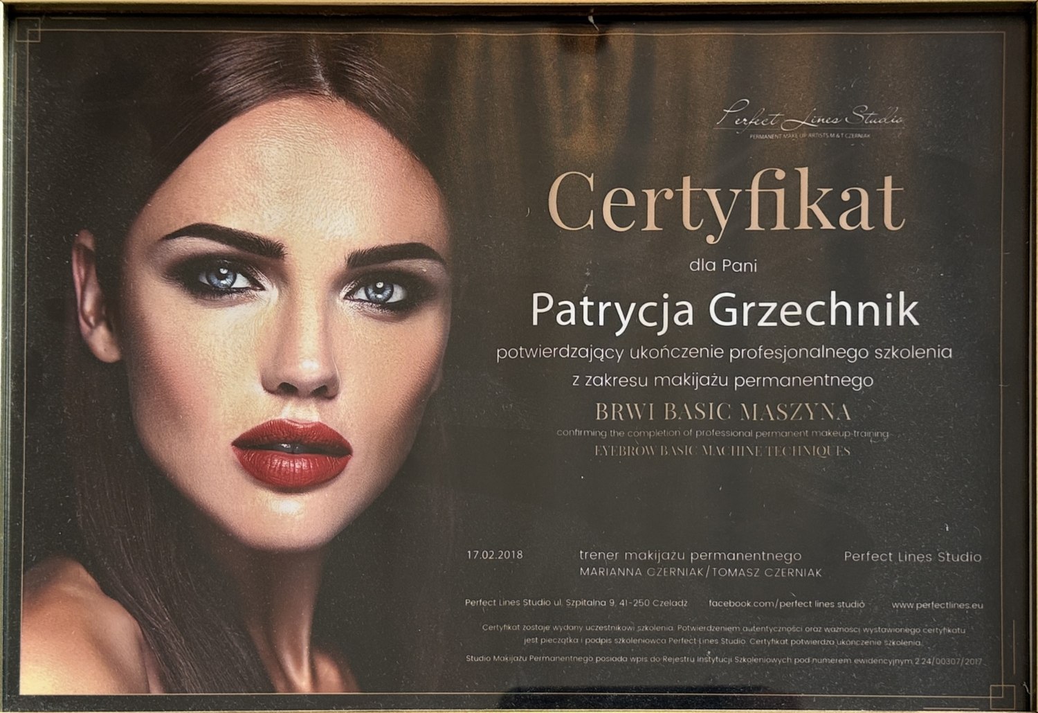 Certyfikat Perfect Lines Studio - makijaż permanentny brwi, technika maszynowa, 2018